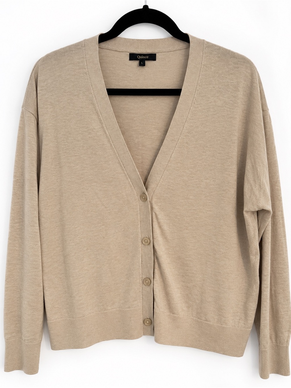 Quince Neutral Beige V-Neck Button Front Cardigan